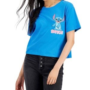 NWT DISNEY STITCH SHORT SLEEVE JUNIORS FRONT & BACK BLUE GRAPHIC T SHIRT L LARGE